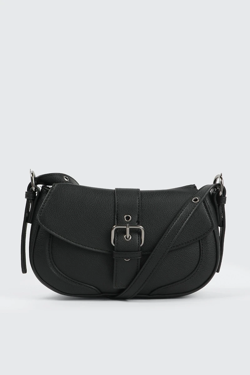 Ardene Faux Leather Crossbody Bag with Buckle in Black | 100% Recycled Polyester/Faux Leather | Eco-Conscious