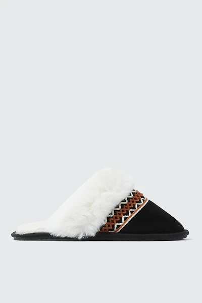 Ardene Slippers with Faux Fur Trim and Embroidery in | Size | Faux Suede | Eco-Conscious