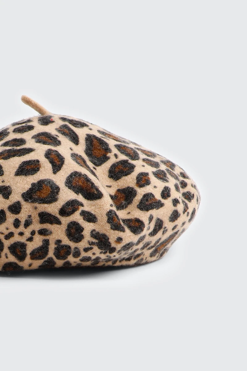 Béret en mélange de laine léopard