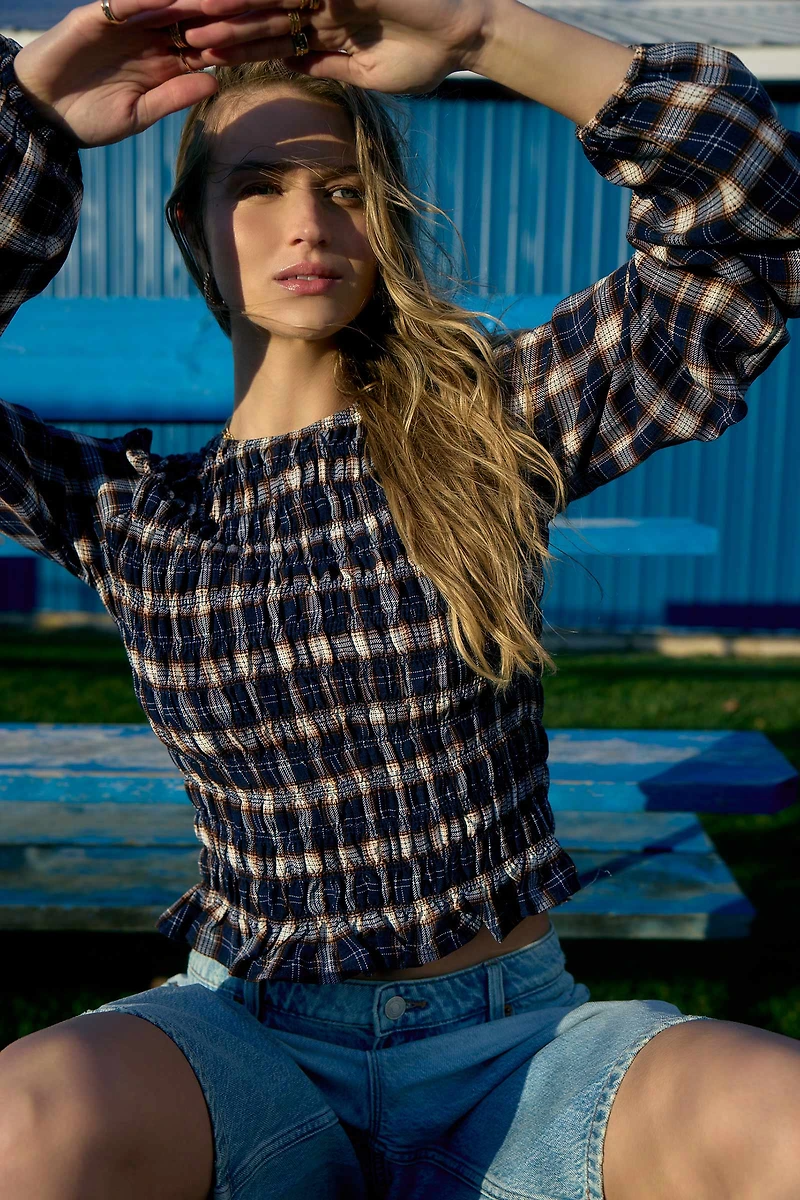 Blouse froissée à carreaux