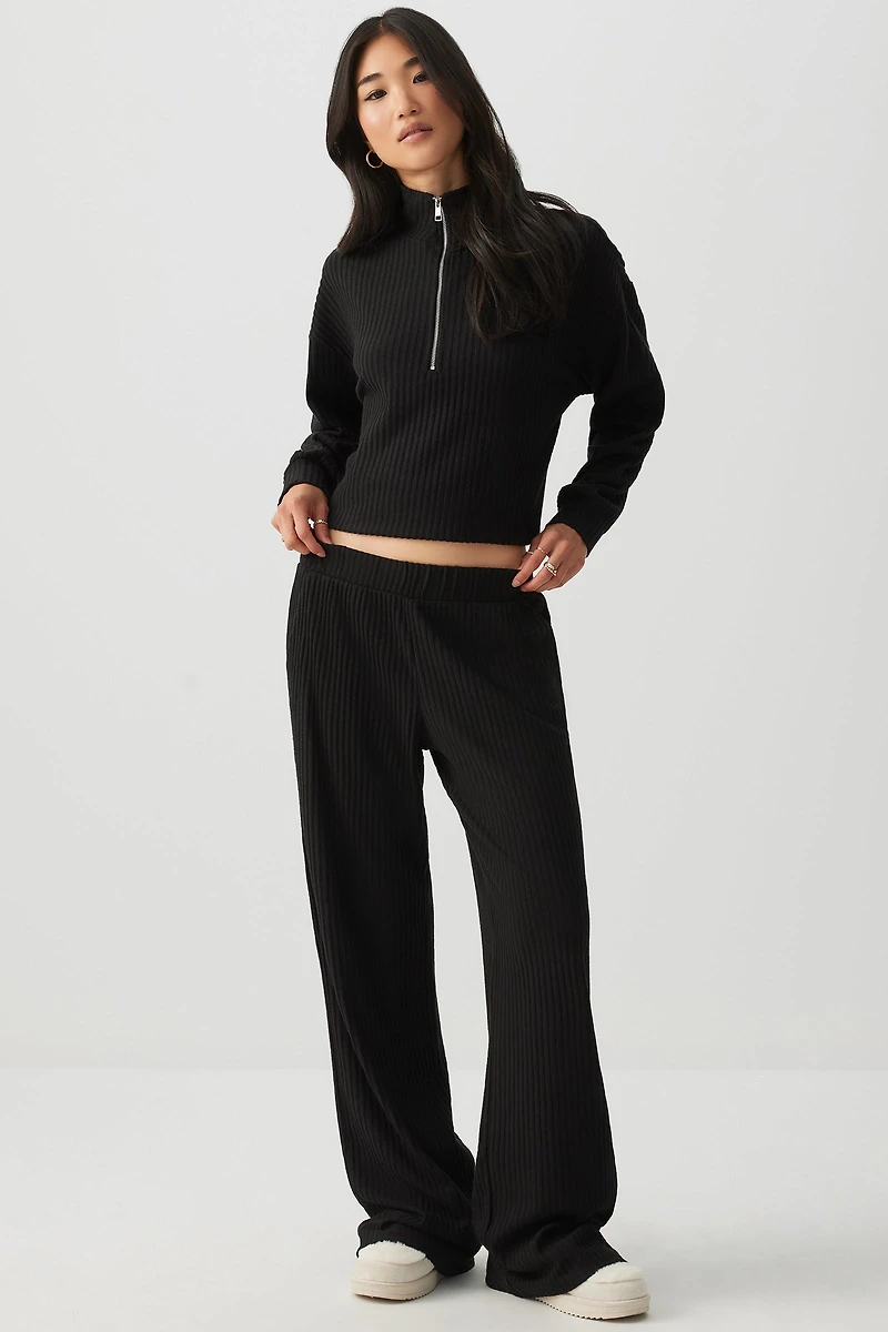 Ardene Brushed Knit Wide Leg Pants in Black | Size | Polyester/Rayon/Elastane
