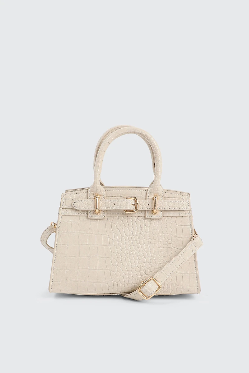 Ardene Small Tote Bag with Buckle detail in Beige | 100% Recycled Polyester/Faux Leather | Eco-Conscious