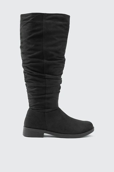 Ardene Round Toe Ruched Knee High Boots in | Size | Faux Leather/Faux Suede