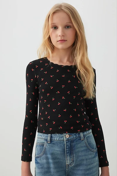 Ardene Kids Lace Trim Long Sleeve T-Shirt in Black | Size | Spandex/Cotton