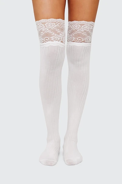 Ardene Over-the-Knee Socks with Lace Trim in White | Polyester/Nylon/Spandex