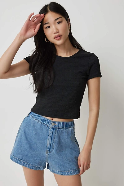 Ardene Puckered Knit T-Shirt in Black | Size