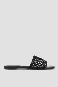 Ardene Basket Weave Flat Sandals in Black | Size | Faux Leather | Eco-Conscious