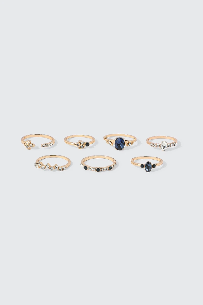 Ardene 7-Pack Rings with Sapphire-Style Stones in Gold | Size Small