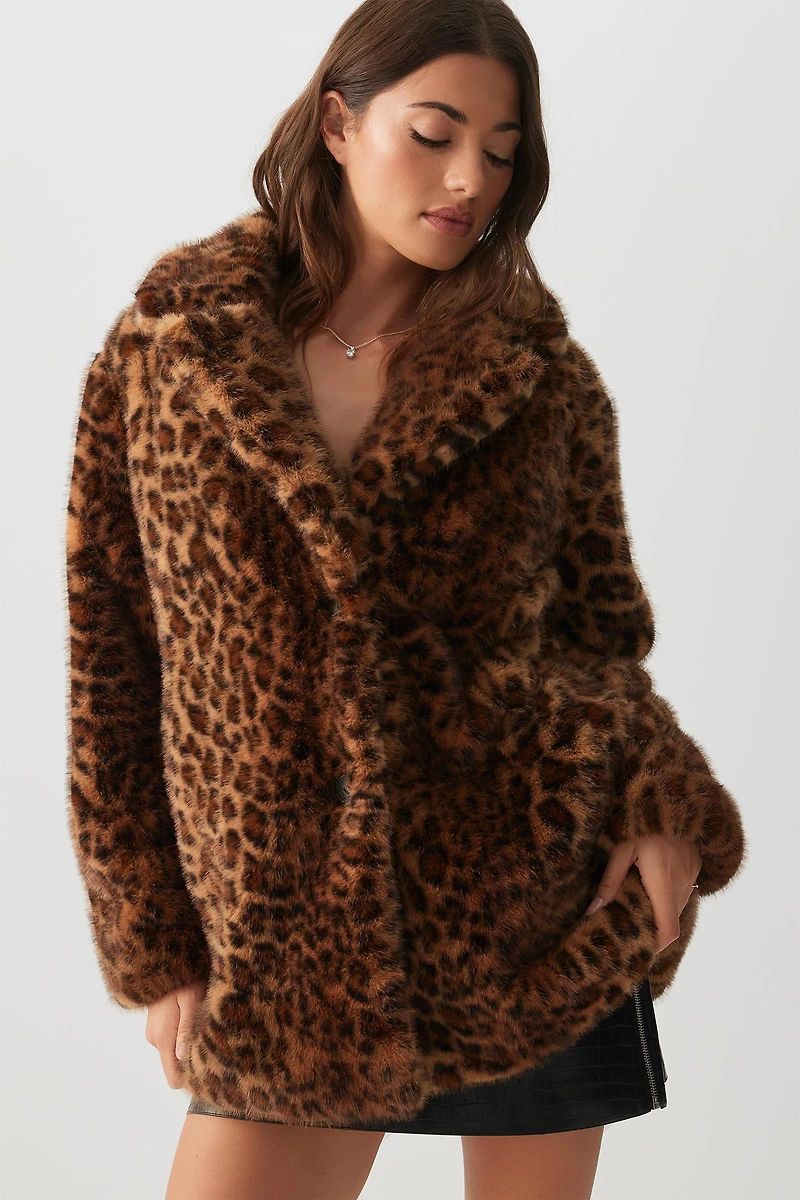 Ardene Leopard Faux Fur Coat in Brown | Size | Polyester
