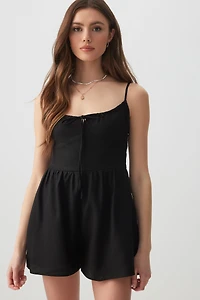 Ardene Linen Blend Milkmaid Romper in Black | Size | Cotton/Viscose
