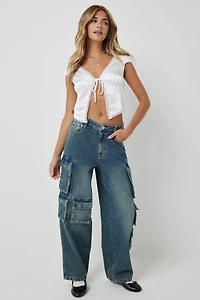 Ardene Mid Rise Wide Leg Cargo Jean in Dark Blue | Size | 100% Cotton