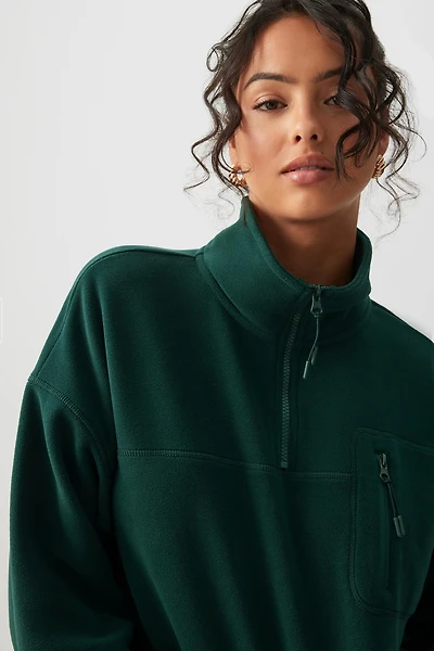 Ardene Polar Fleece Half Zip Sweatshirt in Dark Green | Size | Polyester