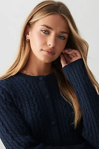 Ardene Cable Knit Crop Cardigan in Dark Blue | Size | Polyester/Spandex