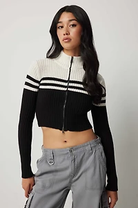 Ardene Two Tone Zip-Up Cardigan in Black | Size XS | Cotton