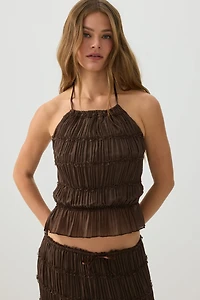 Ardene Crinkled Chiffon Halter Tank Top in Brown | Size | Polyester