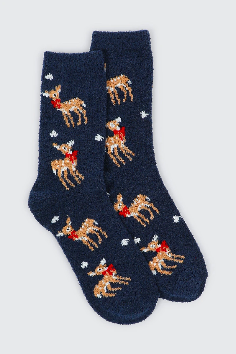 Ardene Reindeer Cozy Socks in Dark Blue | Polyester/Spandex