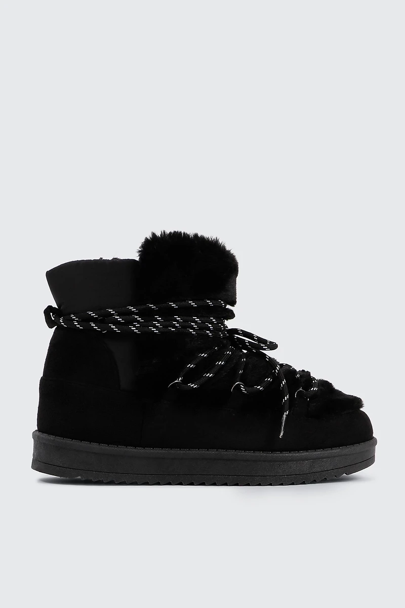 Ardene Laced Faux Sheepskin Boots in Black | Size | Faux Suede
