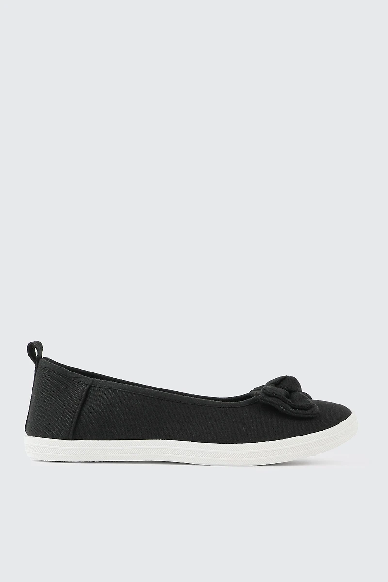 Ardene Canvas Slip On Shoes With Bow Detail in Black | Size