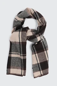 Ardene Plaid Blanket Stitch Scarf in Brown | Polyester