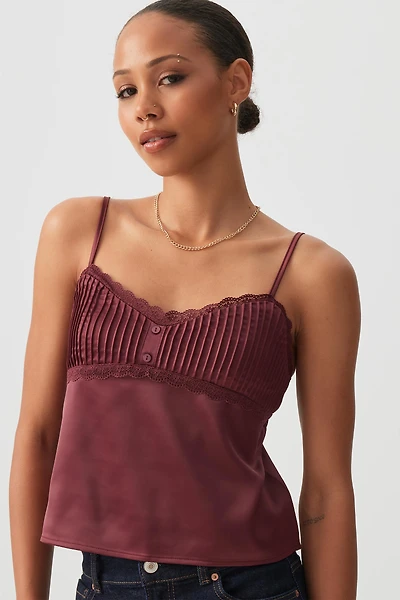 Ardene Satin Pleated Bust Tank Top in Burgundy | Size | Polyester/Spandex