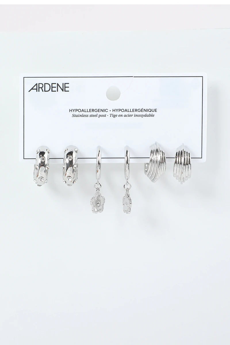 3 paires d'anneaux à breloques fleurs