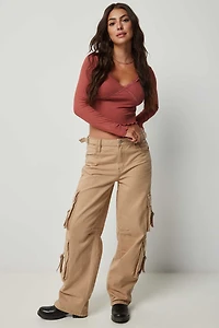 Ardene Mid Rise Wide Leg Cargo Jean in Beige | Size | 100% Cotton