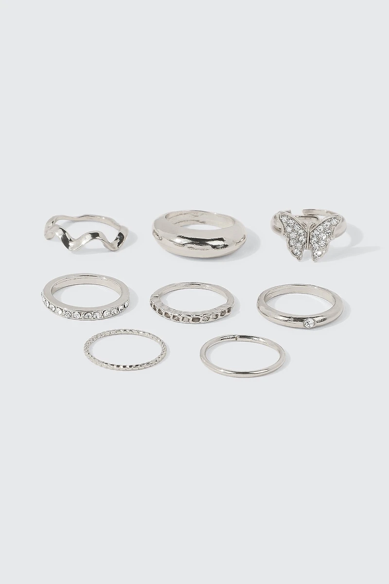 Ardene 8-Pack Butterfly & Crystal Rings in Silver | Size