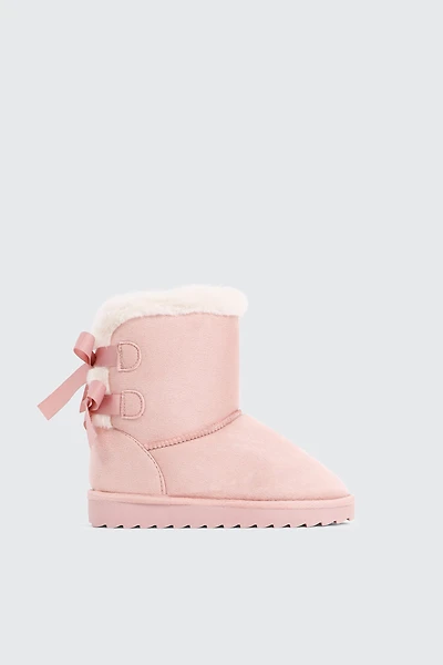 Ardene Kids Faux Sheepskin Boots with Bow Details in Light Pink | Size | Faux Suede