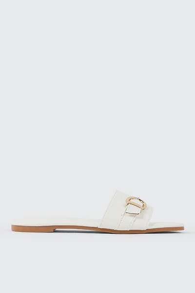 Ardene Flat Sandals with Buckle Detail in White | Size 9 | Faux Leather | Eco-Conscious