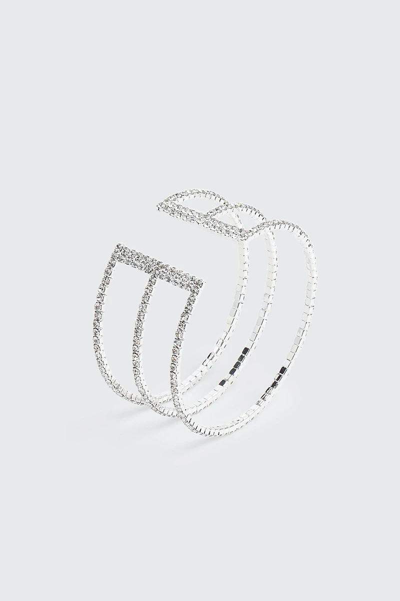 Ardene Rhinestone Three-Row Cuff Bracelet in Silver