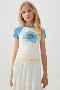 Ardene Kids Graphic Raglan T-Shirt in Medium Blue | Size | Spandex/Cotton