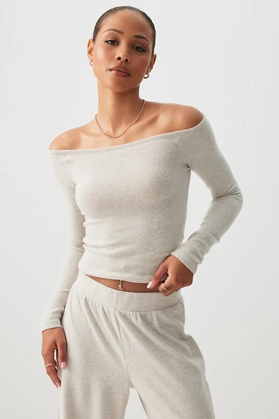 Ardene Brushed Knit Off Shoulder Sweater in Beige | Size | Polyester/Rayon/Elastane