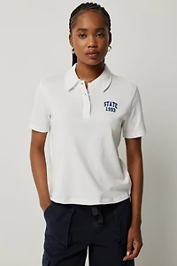 Ardene Short Boxy Polo Shirt with Embroideries in White | Size Small | 100% Cotton