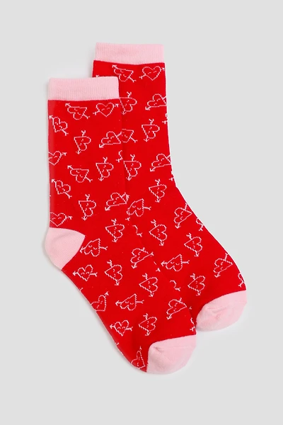 Ardene Cupid Heart Crew Socks in Red | Polyester/Spandex/Cotton