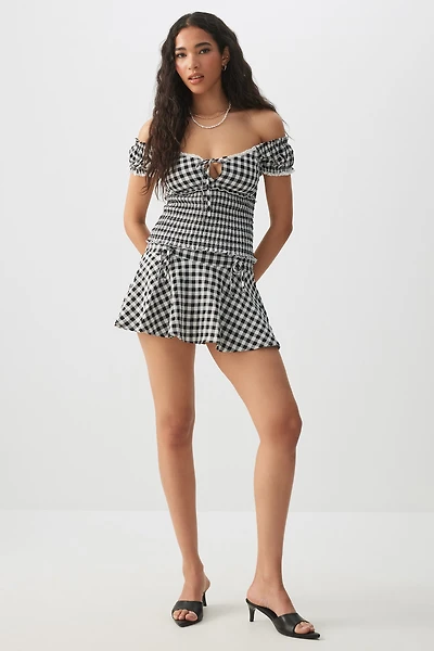 Ardene Gingham Ruched Micro Skirt in | Size | Polyester/Spandex