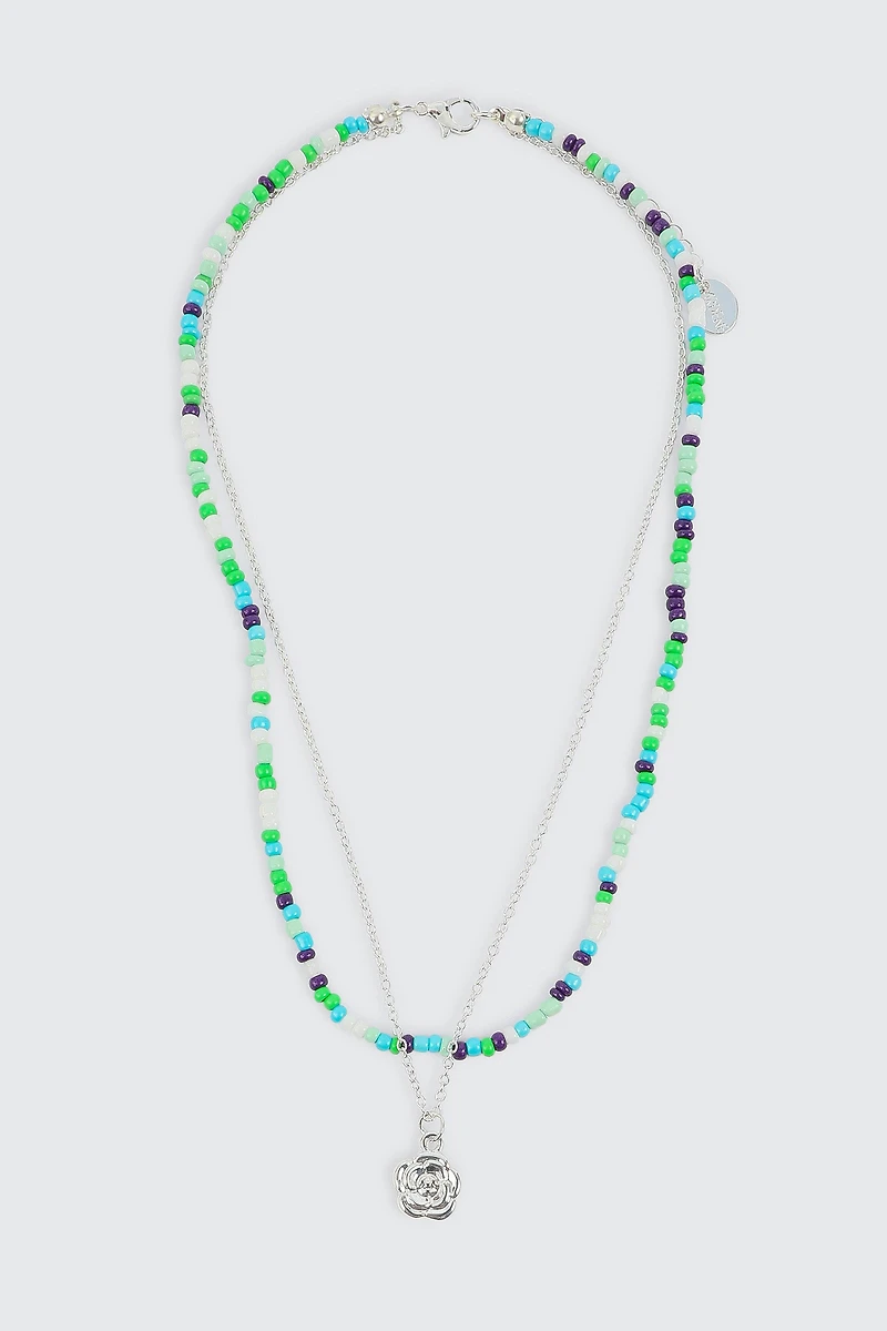 Ardene 2-Row Beaded Necklace with Flower Pendant in Light Blue