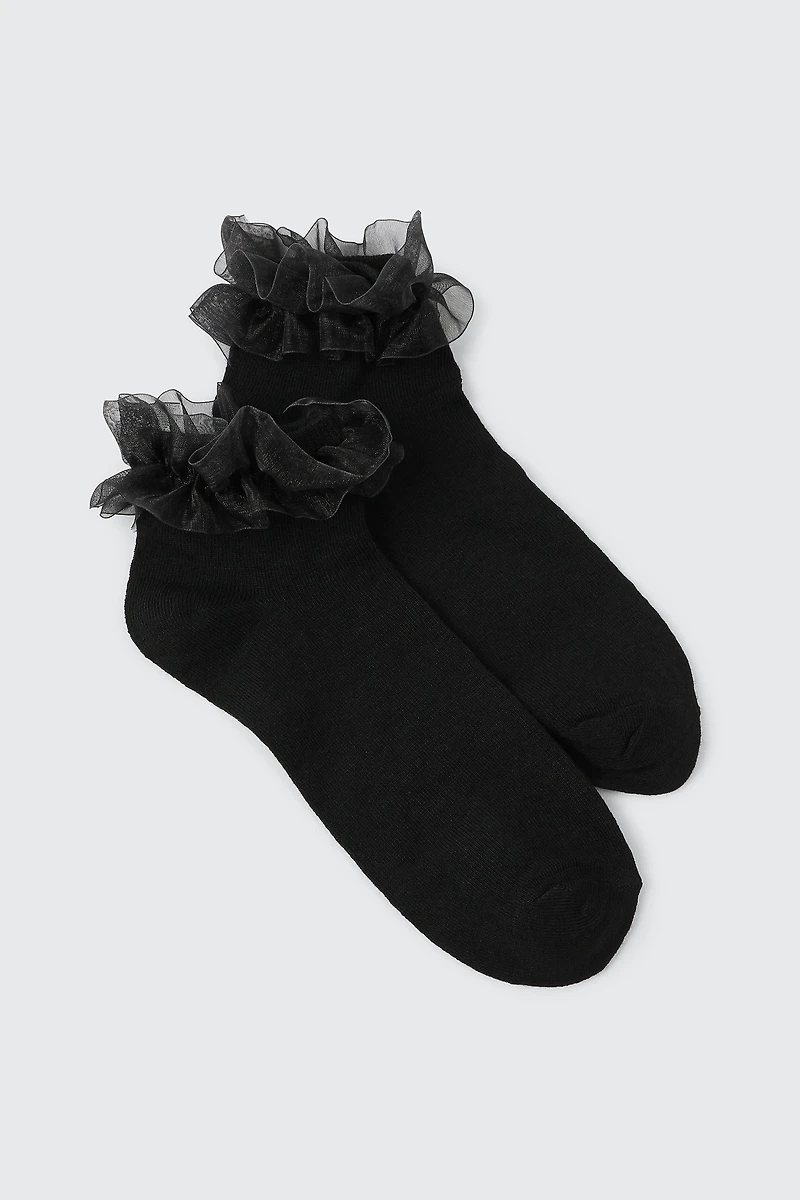 Ardene Chiffon Frill Demi Crew Socks in Black | Polyester/Spandex