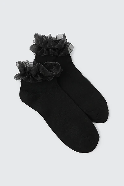 Ardene Chiffon Frill Demi Crew Socks in Black | Polyester/Spandex