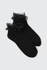 Ardene Chiffon Frill Demi Crew Socks in Black | Polyester/Spandex