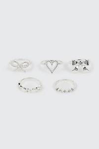 Ardene 5-Pack Heart & Bow Silver Rings | Size
