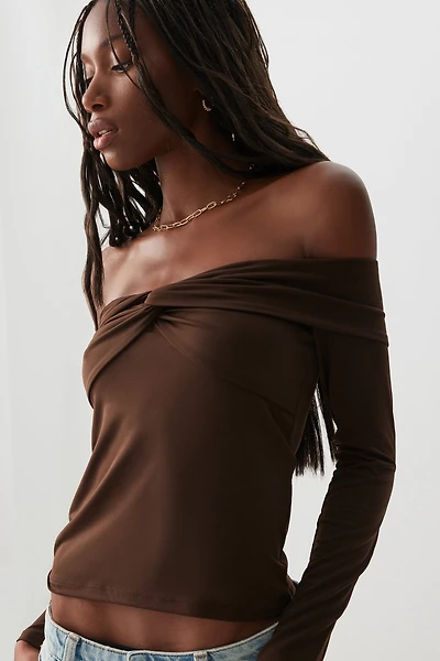 Ardene Twist Front Off Shoulder Top in Brown | Size | Polyester/Elastane