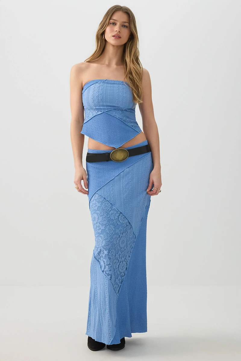 Ardene Patchwork Knit Lace Maxi Skirt in Medium Blue | Size | Polyester