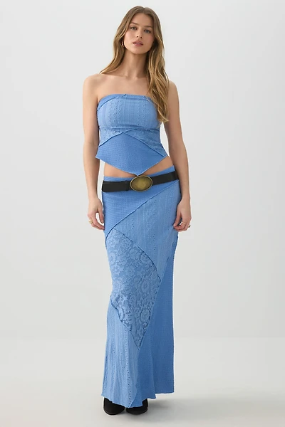 Ardene Patchwork Knit Lace Maxi Skirt in Medium Blue | Size | Polyester