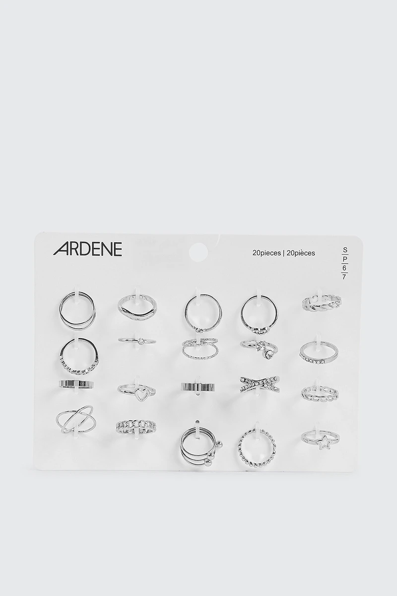 Lot de 20 bagues assorties argentées