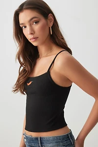 Ardene Printed Picot Trim Tank Top in Black | Size | Polyester/Cotton/Elastane