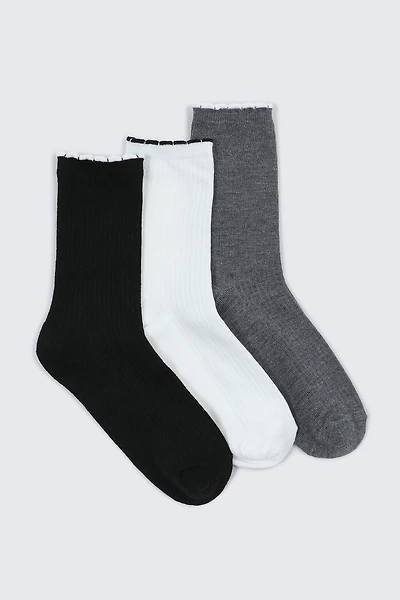 Ardene 3-Pack Scalloped Edge Crew Socks | Polyester/Spandex