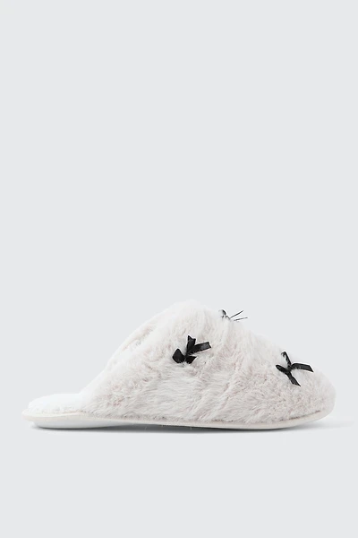 Ardene Faux Fur Slippers with Bow Details in Off-White | Size