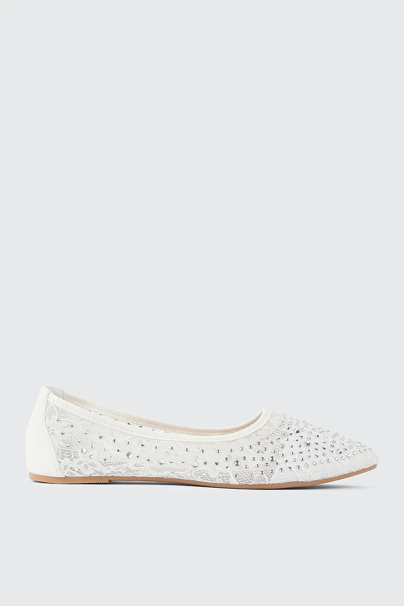 Ardene Embellished Floral Mesh Flats in White | Size