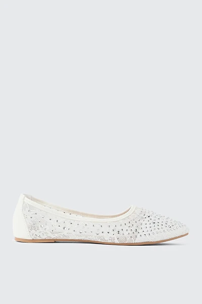 Ardene Embellished Floral Mesh Flats in White | Size