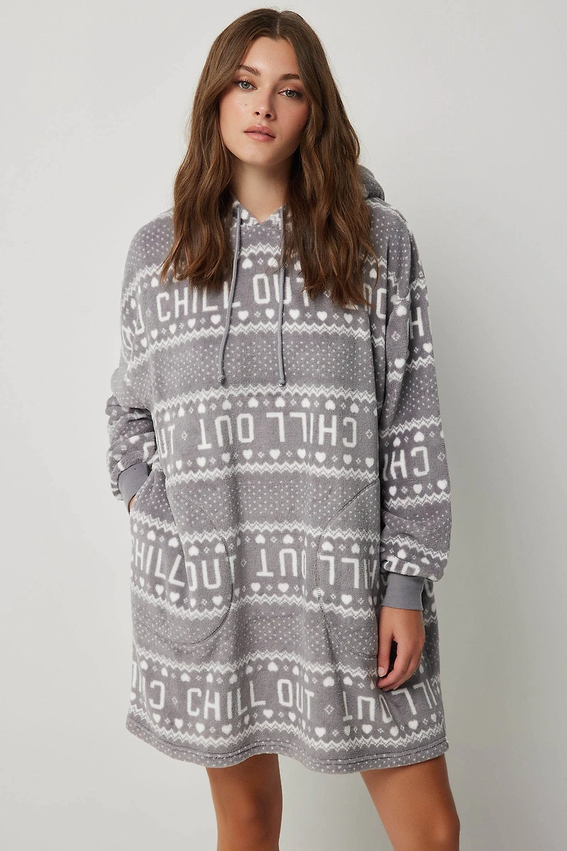 Ardene Printed Hooded Loungy in Grey | Size Small | 100% Recycled Polyester | Eco-Conscious